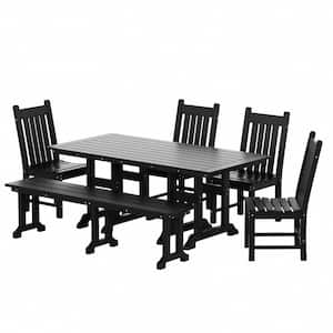 Hayes 6-Piece All Weather HDPE Plastic Rectangle Table Outdoor Patio Dining Set with Bench in Black