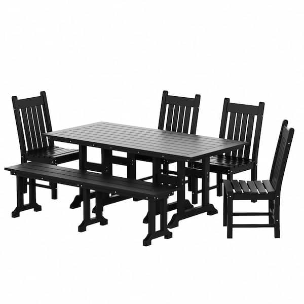WESTIN OUTDOOR Hayes 6-Piece All Weather HDPE Plastic Rectangle Table Outdoor Patio Dining Set with Bench in Black