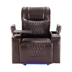 Brown PU Power Motion Recliner with USB Charging Port and Hidden Arm Storage 2-Cup Holders and 360° Swivel Tray Table