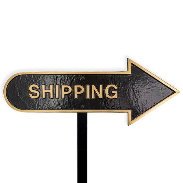 Montague Metal Products 6 in. x 15.5 in. Right Arrow Shipping Statement Plaque Sign with Lawn Stake-Black/Gold
