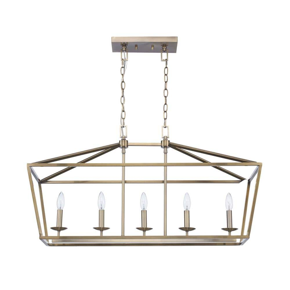 Home Decorators Collection Weyburn 5-Light Brushed Brass Caged Rectangular Farmhouse Chandelier for Dining Room, Linear Lantern Island Light