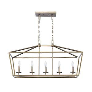 Weyburn 5-Light Brushed Brass Caged Rectangular Farmhouse Chandelier for Dining Room, Linear Lantern Island Light