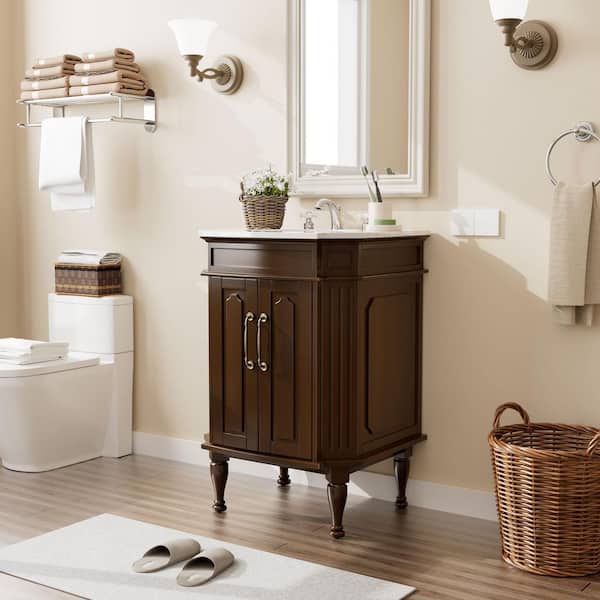 JEAREY 24 in. Brown Wood Single Sink Freestanding Bathroom Vanity