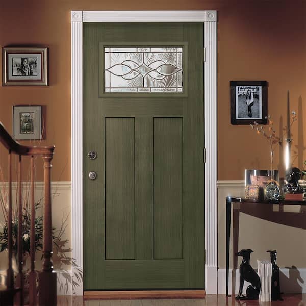 36 in. x 80 in. Juniper Left-Hand 1-Lite Craftsman Carillon Stained Fiberglass Prehung Front Door with Brickmould