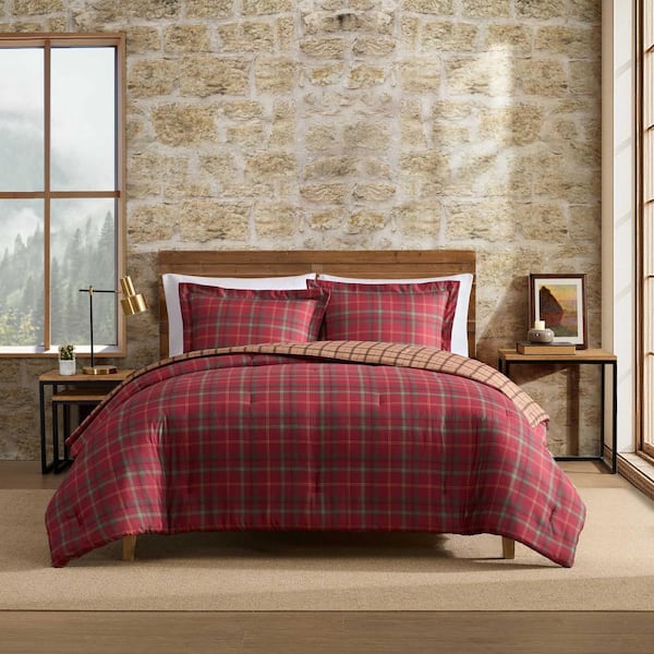 Treebark Plaid 3-Piece Brown/Red Microfiber King Comforter Set