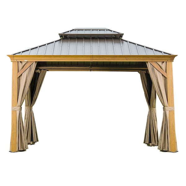10 ft. x 12 ft. Yellow Brown Aluminum Hardtop Gazebo with Galvanized Steel Double Roof with Curtains and Netting