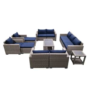 13-Piece Wicker Rattan Outdoor Sectional Set with Blue Cushions and Coffee Table