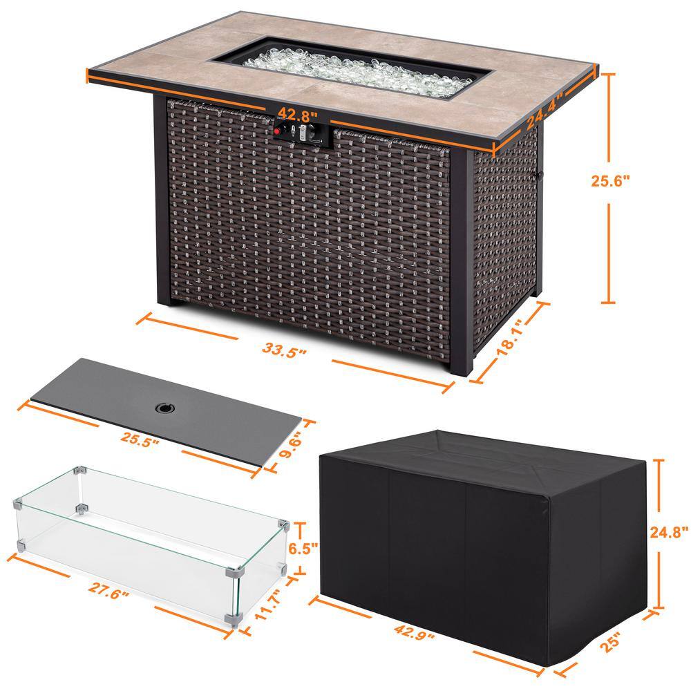 Brown Ceramic Top Gas Fire Pit Table with Wind Guard