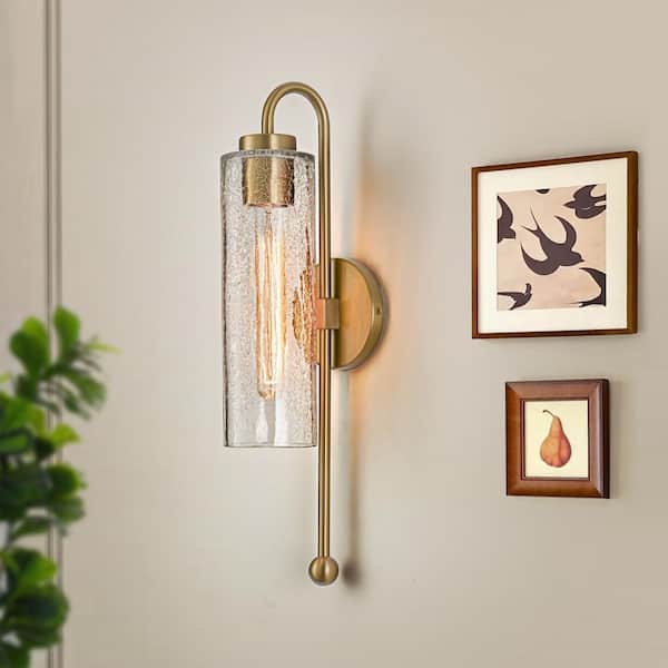 Dvorakova 19.53 in. 1-Light Cylinder Brushed Gold Wall Sconce with Crackle Glass Shade