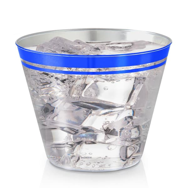 PERFECT SETTINGS 9 oz. 2 Line Blue Rim Clear Disposable Plastic Cups, Party, Cold Drinks, (110/Pack)