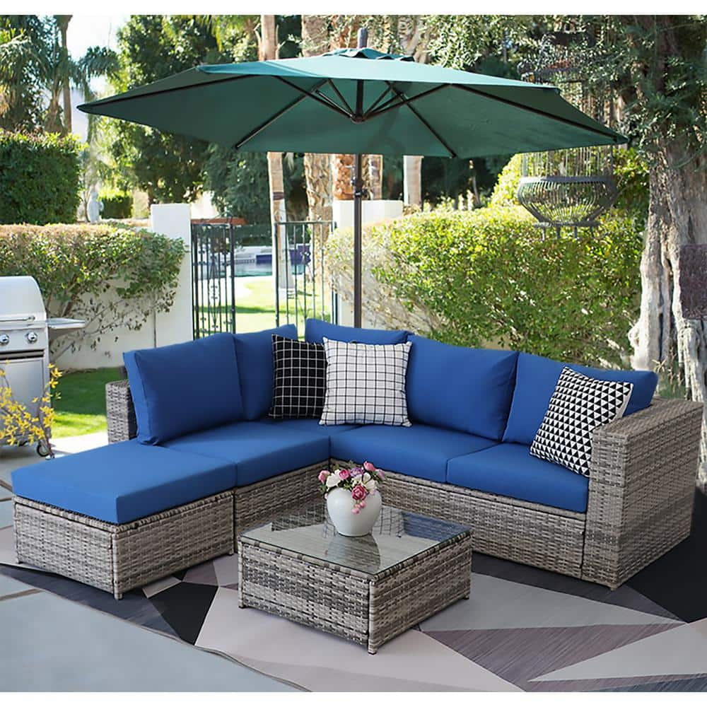 Uixe UIXE B23 Gray Wicker Outdoor Sectional Set with Blue Cushions