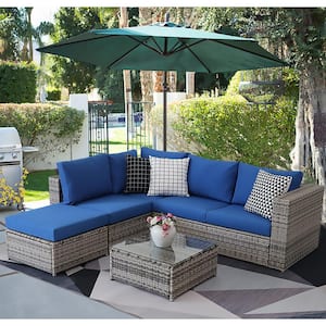B23 Gray Wicker Outdoor Sectional Set with Blue Cushions