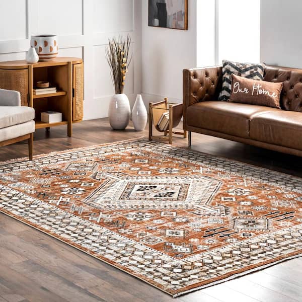 Vanesa Distressed Traditional Medallion Bordered Rust 5 ft. x 8 ft. Area Rug
