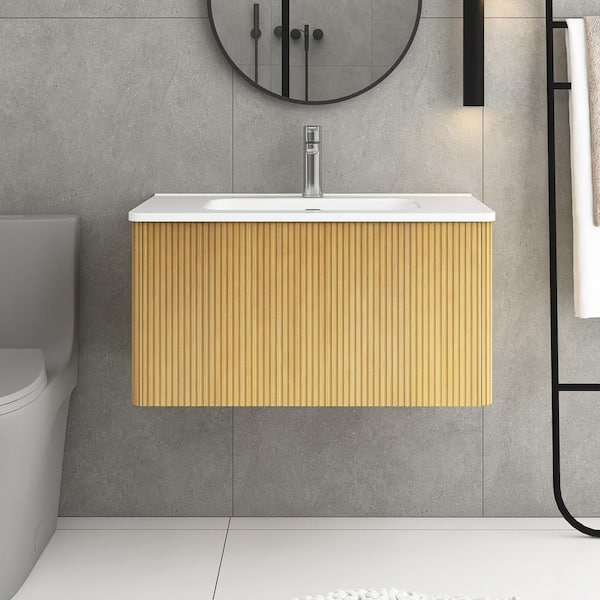 JimsMaison 30 in. W x 18.3 in. D x 15.6 in. H Single Sink Wall-Mounted Bath Vanity in Oak with White Ceramic Top