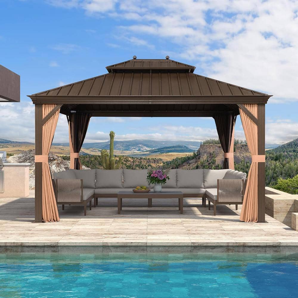 11 ft.x 13 ft.Bronze Aluminum Power-Coated Frame Galvanized Steel Double Roof Hardtop Gazebo,Hooks,Netting,Khaki Curtain price history on PriceWatchPro