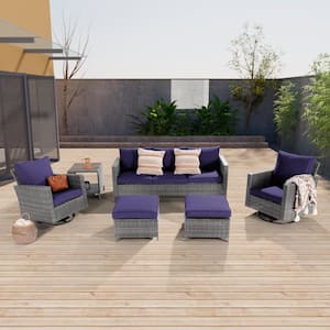 6-Piece Gray Wicker Outdoor Seating Sofa Set with Swivel Rocking Chairs, Navy Blue Cushion