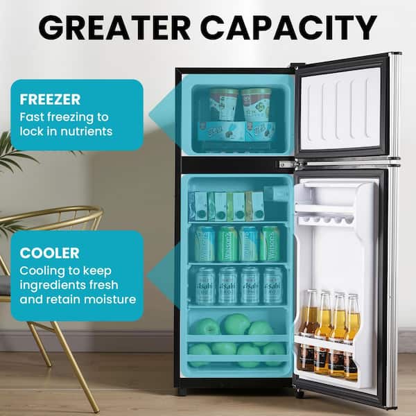 3.8 cu. ft. Mini Refrigerator Double Doors Fridges with Freezer 7-Level Temp Adjustable, Removable Glass Shelf in Silver