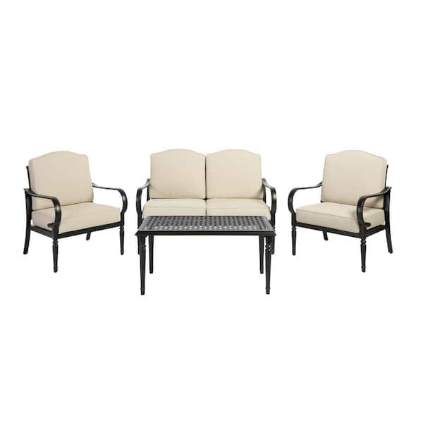 Laurel Oaks Black 4-Piece Steel Outdoor Patio Conversation Seating Set with CushionGuard Putty Beige Cushions