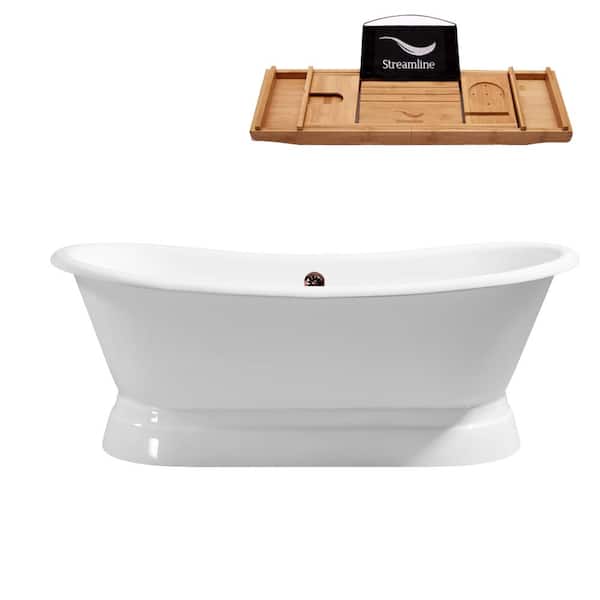 Streamline 71 in. Cast Iron Flat Bottom Non-Whirlpool Bathtub in Glossy White with Matte Oil Rubbed Bronze External Drain and Tray