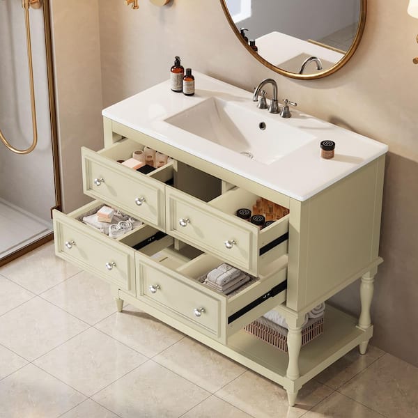 36 in. Single Sink Beige Bath Vanity with White Cultured Marble Top