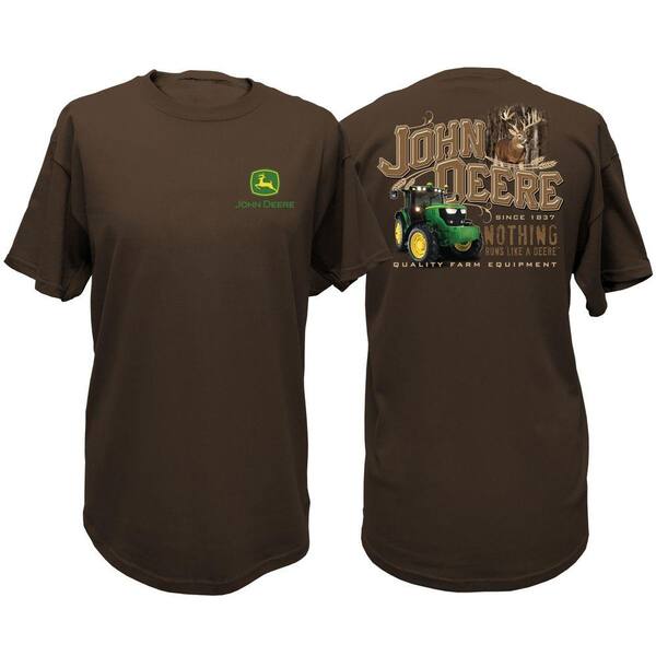 John Deere Tractor and Deer XL Adult Men's Crew Neck Tee Shirt in Brown