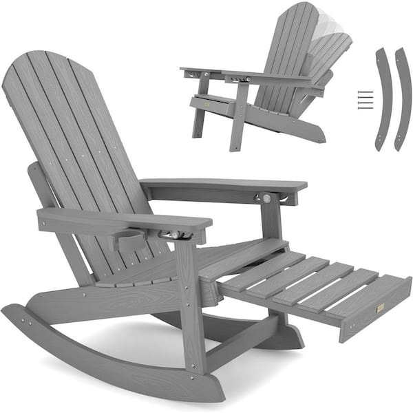 Gray Plastic Adirondack Outdoor Rocking Chair with Retractable Ottoman and Cup Holders