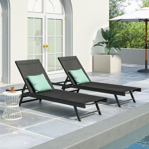 Noble House Salton Black 2-Piece Metal Outdoor Patio Chaise Lounge