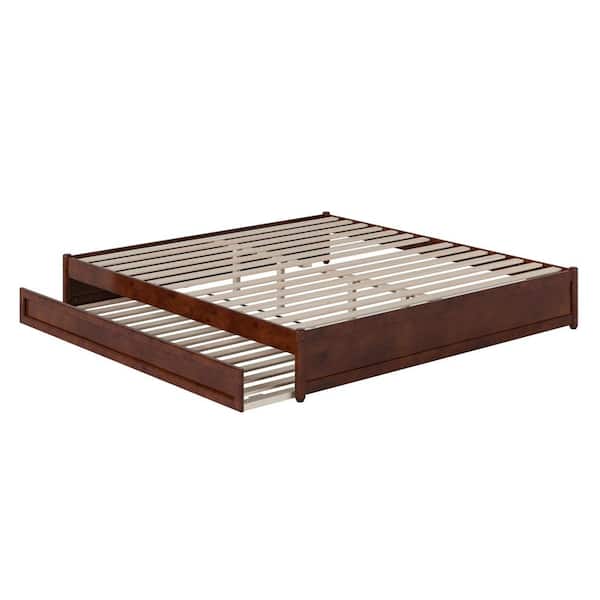 Barcelona Walnut Brown Solid Wood Frame King Panel Platform Bed with Twin XL Trundle