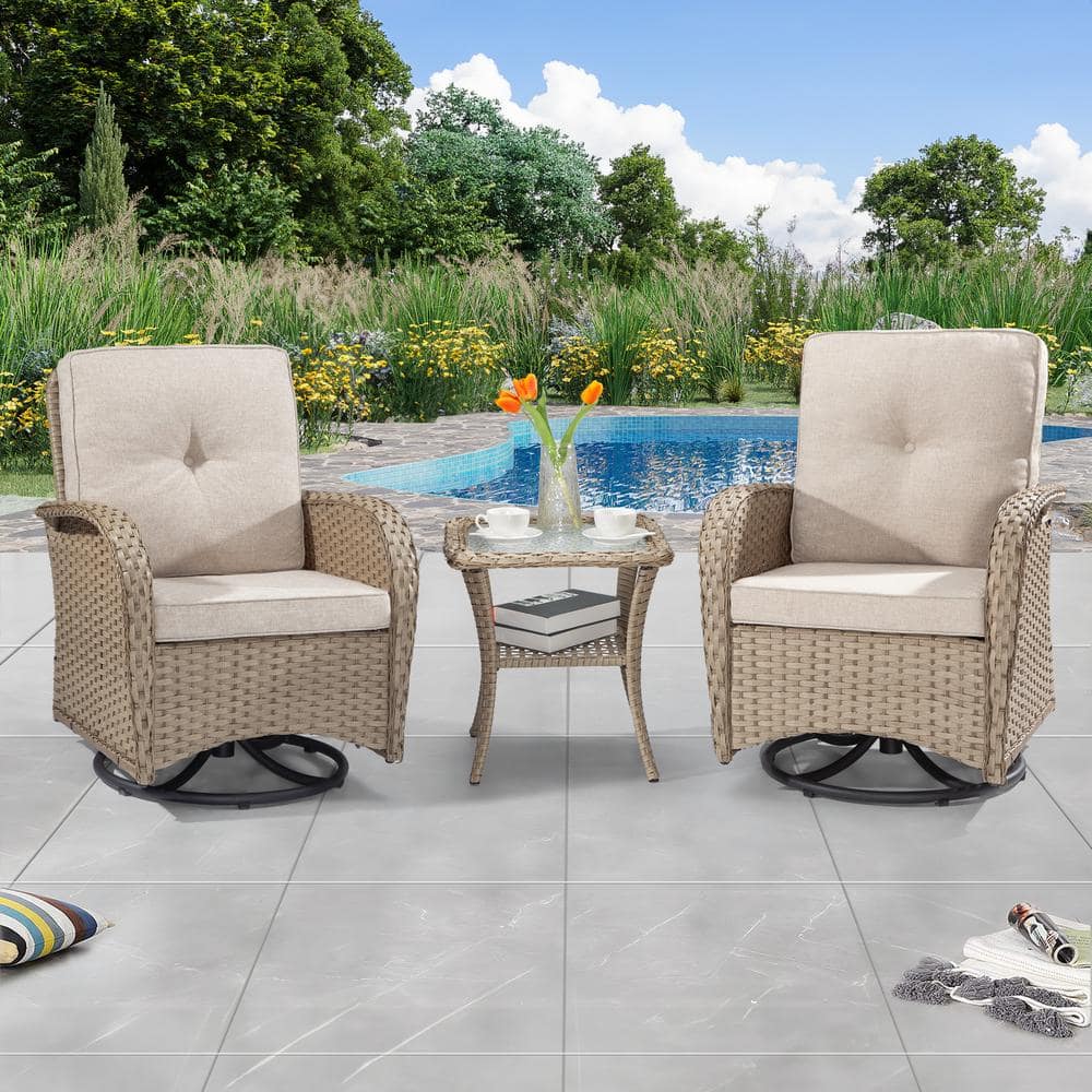 JOYSIDE 3-Pcs Light Brown Wicker Outdoor Rocking Chair Patio ...