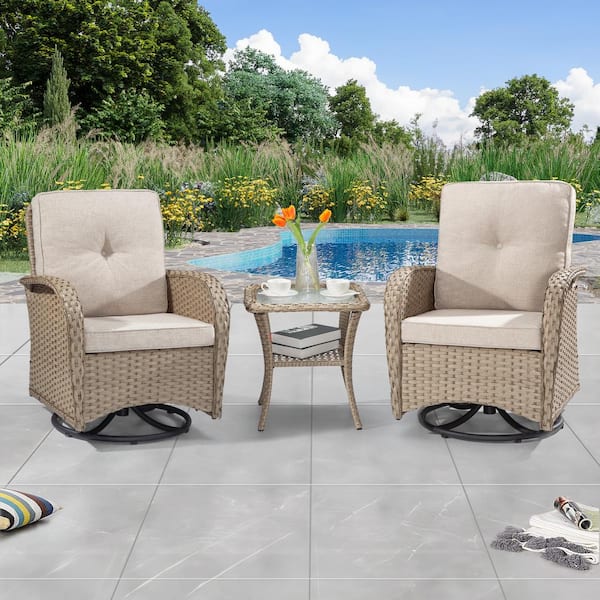 JOYSIDE 3-Pcs Light Brown Wicker Outdoor Rocking Chair Patio Conversation Set Swivel Chairs with Beige Cushions and Table