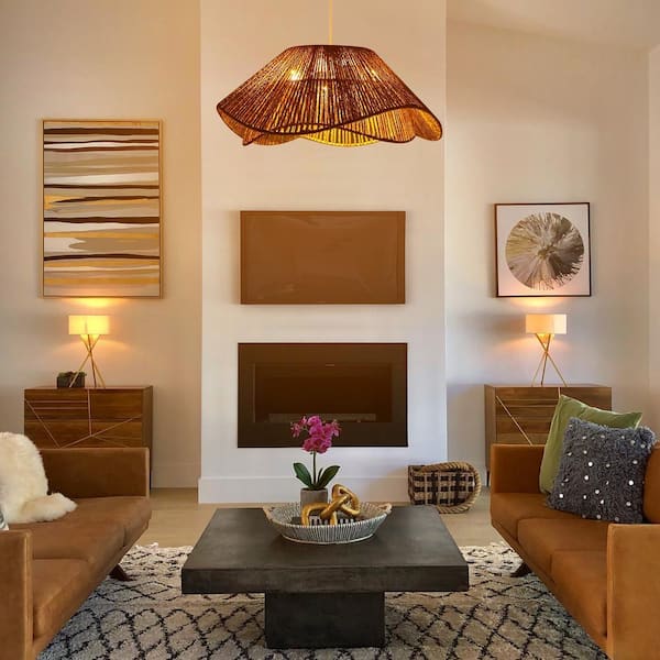 OUKANING 3-Light Yellow Bohemian Shaded Pendant Light with Hemp