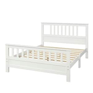 White Large Double Solid Wooden Framed Full Platform Bed with Hollow Bar Headboard, Footrests and Central Support Feet