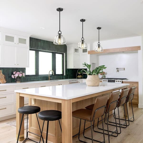 1-Light Farmhouse Black Pendent Light, Kitchen Island Lighting with Raindrop Glass Shade
