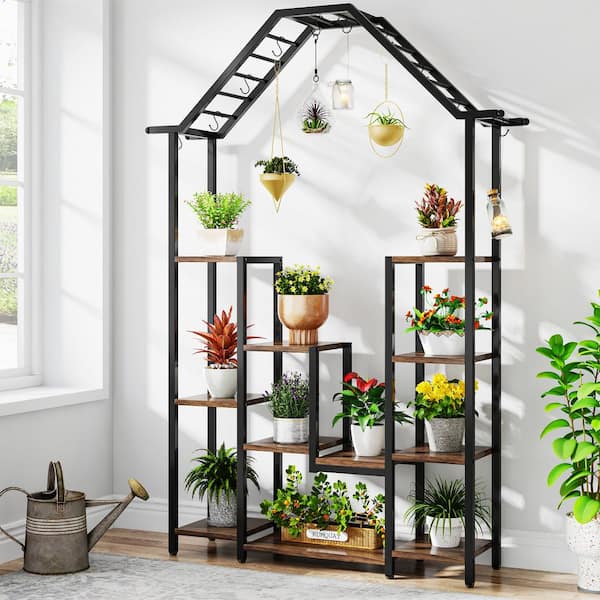 BYBLIGHT Wellston 70.86 in. Brown 5-Tier Wooden Indoor Plant Stand, Tall  Flower Rack with 10-Hook BB-JW0254GX - The Home Depot