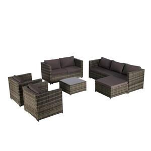 9-Pieces Brown Rattan Wicker Outdoor Sectional Set with Dark Gray Cushions and Table