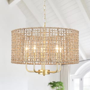 18.89 in. 5 light Golden Bohemian Pendant Design Drum Chandelier with Natural Rattan Shade and No Bulbs Included