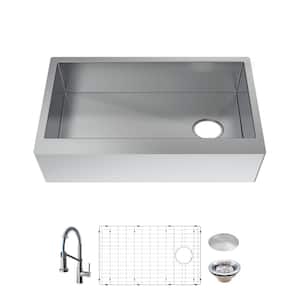 Professional 33 in. Farmhouse/Apron-Front Single Bowl 16 Gauge Stainless Steel Kitchen Sink with Spring Neck Faucet