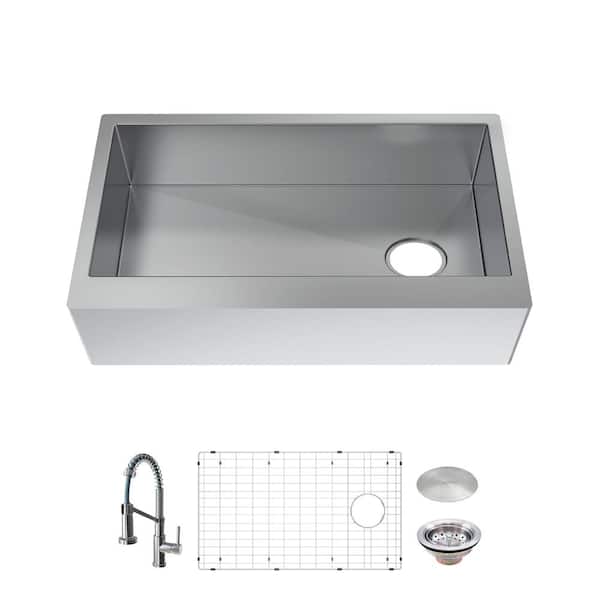 Glacier Bay Professional 33 in. Farmhouse/Apron-Front Single Bowl 16 Gauge Stainless Steel Kitchen Sink with Spring Neck Faucet