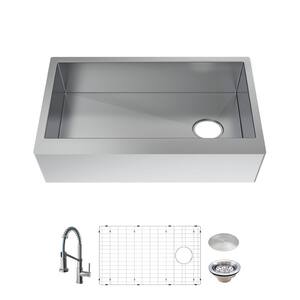 All-in-One Zero Radius Farmhouse/Apron-Front 16G Stainless Steel 33 in. Single Bowl Kitchen Sink with Spring Neck Faucet