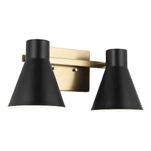 Towner 15.75 in. 2-Light Satin Brass Modern Contemporary Wall Bathroom Vanity Light with Black Metal Shades