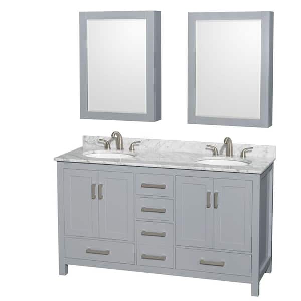 Wyndham Collection Sheffield 60 in. W x 22 in. D x 35 in. H Double Bath Vanity in Gray with White Carrara Marble Top and MC Mirrors