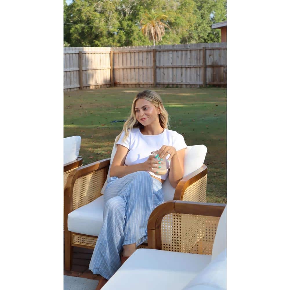 Bohemian Acacia Wood Patio Chairs with White Cushions, Set of 2