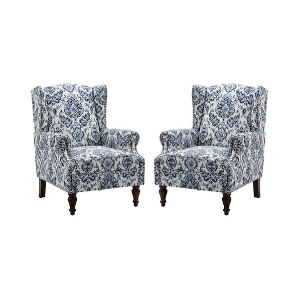 JAYDEN CREATION Gille Traditional Navy Upholstered Wingback Accent Chair with Spindle Legs (Set of 2)
