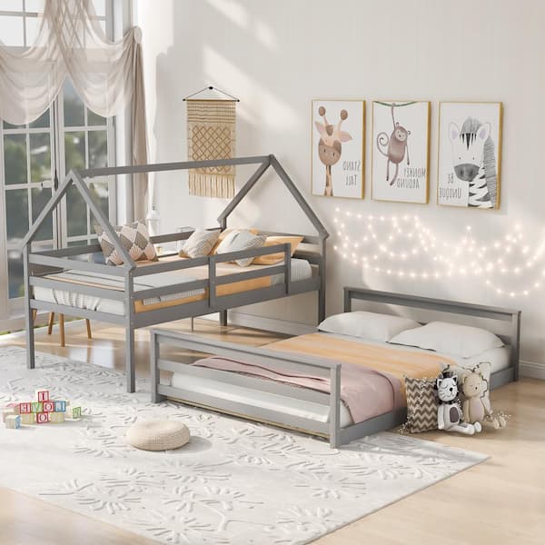 Harper & Bright Designs Gray Twin Over Full Wood House Bunk Bed 