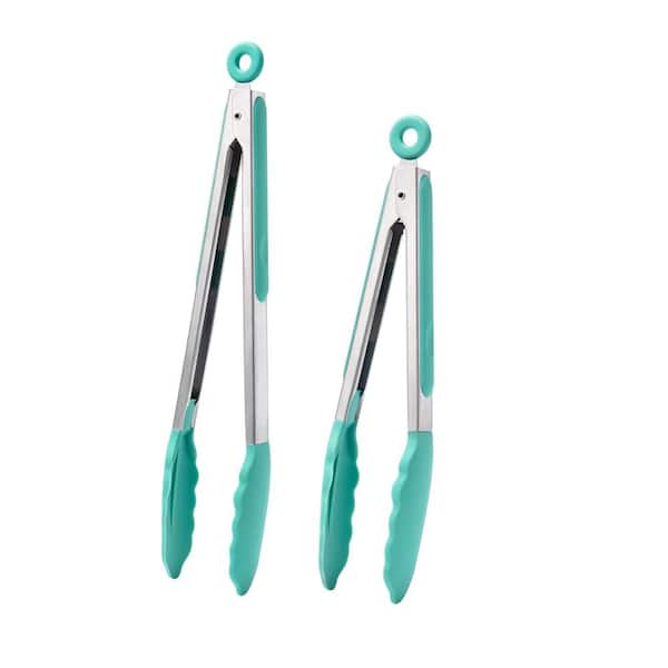 Aqua Sky Silicone Tip Stainless Steel Kitchen Tongs Heat Resistant Non-Scratch Locking BBQ Grill Salad Set 2 Pack