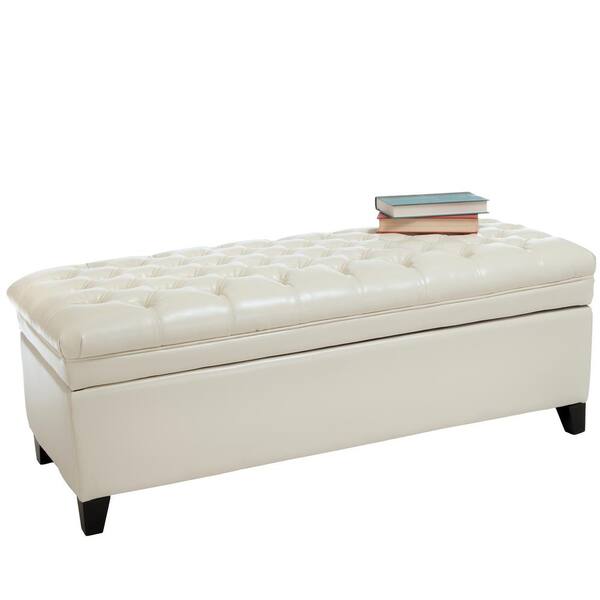 Noble House Hastings Tufted Ivory Bonded Leather Storage Bench