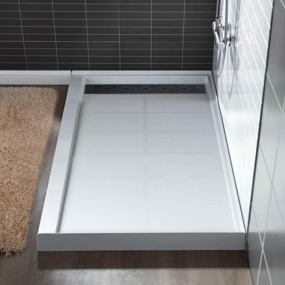 60" x 36" White Solid Surface Alcove Shower Pan Base with Left Drain