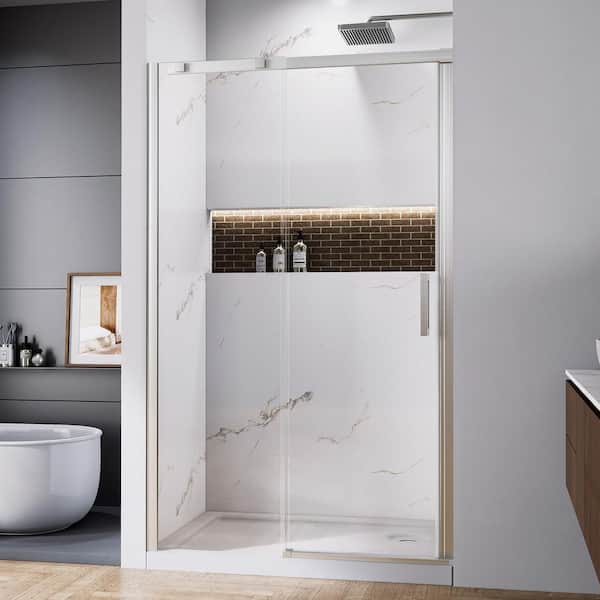 EAKYHOM 44 in. to 48 in. W x 74 in. H Single Sliding Semi-Frameless Shower Door in Brushed Nickel with 5/16 in. Tempered Glass
