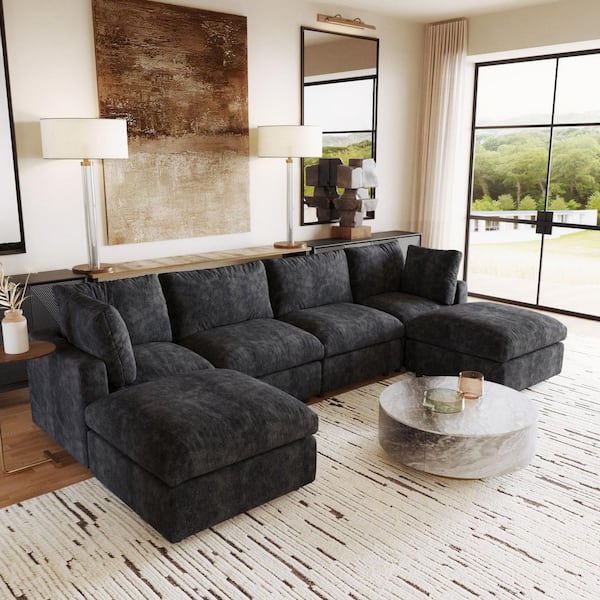 100 in. Square Arm 6-Piece Chenille L-Shaped Modualr Sectional Sofa Corner Couch with Ottomans for Gathering in. Black