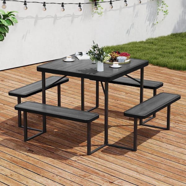 1-Piece Plastic Outdoor Dining Set Picnic Table Bench Set for 4-8 People with Umbrella Hole All-Weather Black